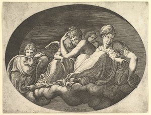 Venus und Amor, zwei andere Göttinnen und ein Putto, aus einer Serie von acht Kompositionen von Giorgio Ghisi