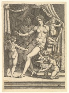 Venus und Vulkan auf einem Bett sitzend und drei Putti von Giorgio Ghisi