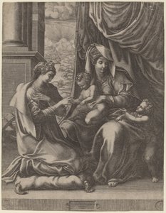 Die mystische Hochzeit der Heiligen Katharina von Giorgio Ghisi after Francesco Primaticcio