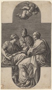 Drei Musen und ein gestikulierender Putto von Giorgio Ghisi after Francesco Primaticcio