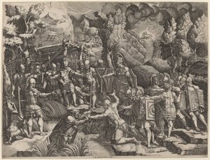 Sinon täuscht die Trojaner von Giorgio Ghisi after Giovanni Battista Scultori