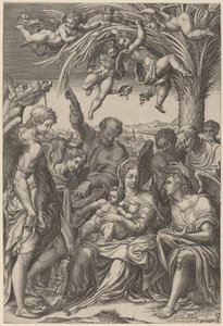 Die Rast auf der Flucht nach Ägypten von Giorgio Ghisi after Giulio Campi