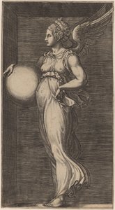Allegorische Figur, die eine Kugel hält von Giorgio Ghisi possibly after Giulio Romano