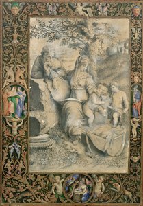 Rand eines illuminierten Manuskripts, das eine Zeichnung nach Raphaels Die Heilige Familie unter der Eiche umgibt (zugeschrieben Clovio)