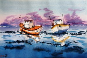 Boote bei Ebbe Spiegelungen