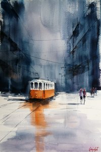 Orangene Straßenbahn im Regen