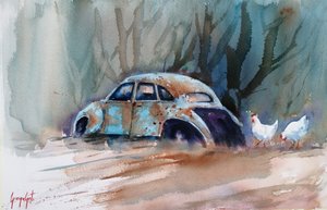 Rustikales Auto und Hühner