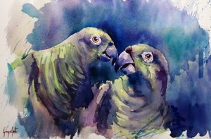 Aquarell Grüne Papageien