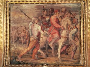 Cosimo I verlässt das Exil, Fresko im Salone dei Cinquecento, Palazzo Vecchio, Florenz von Giorgio Vasari