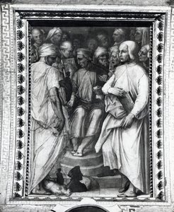 Cosimo de Medici sitzt unter Philosophen und Künstlern in der Sala di Cosimo il Vecchio von Giorgio Vasari