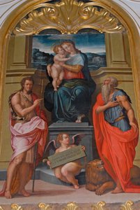 Madonna und Kind zwischen Johannes dem Täufer und Hieronymus, Gemälde von Giorgio Vasari, Kirche im Kloster Camaldoli, Camaldoli, Toskana, Italien von Giorgio Vasari
