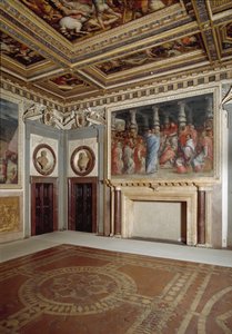 Ansicht des Raumes von Papst Leo X. mit einem Gemälde, das ihn während der Kardinalswahl darstellt (Fresko)
