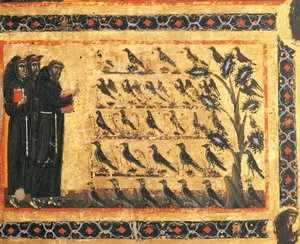 Geschichten des Heiligen Franziskus: Heiliger Franziskus predigt den Vögeln, Fresko von Giotto, ca. 1325. Bardi-Kapelle von Vernio, Basilika Santa Croce, Florenz, Italien