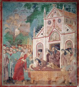 Der Leichenzug des Heiligen Franziskus von Assisi wird vor Saint Damien gestoppt, damit die Heilige Klara den Körper verehren kann