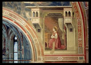 Die Verkündigung, Detail der knienden Jungfrau, aus der Lünette über dem Altar, ca. 1305 (Fresko) von Giotto (c.1266 1337)