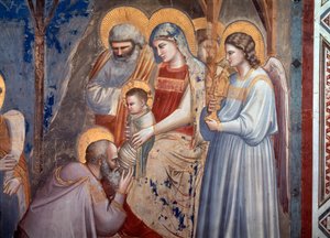 Die Anbetung der Heiligen Drei Könige. Detail zeigt den Magier, der vor Jesus in den Armen von Maria zwischen dem Engel und dem Heiligen Josef niederkniet (Fresko)