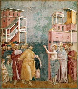 Der Verzicht auf Besitz. Der heilige Franziskus gibt seinem Vater die Kleider zurück. Gemälde von Giotto di Bondone
