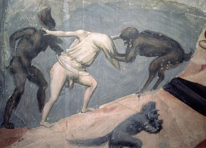Das Jüngste Gericht: Hölle, Detail eines der Verdammten, der von zwei Dämonen geholt wird, ca. 1303-05