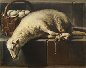 Ein gefesseltes Lamm neben einem Korb mit Eiern Allegorie auf Ostern, zweite Hälfte des 17. Jahrhunderts von Giovan Battista Recco