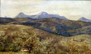 Frühlingslandschaft mit Blick auf Monte Catria: Früher Morgen