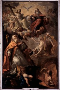 Darstellung des Heiligen Nikolaus von Bari und der Heiligen Dreifaltigkeit: Gott, Jesus Christus und die Taube des Heiligen Geistes. Gemälde von Andrea Carlone (1639-1697) Kirche Santa Margherita, Santa Margherita Ligure, Italien von Giovanni Andrea Carlone
