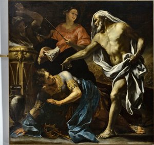 Der Zauberer von Endor ruft für Saul den Schatten des Propheten Samuel hervor von Giovanni Andrea Carlone