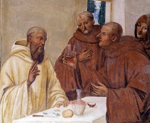 Benedikt zerbricht ein Glas vergifteten Weins, indem er das Kreuzzeichen macht (Detail). Kreuzgangfresko von Antonio Bazzi, genannt Il Sodoma (1477 - 1549), das das Leben des Heiligen Benedikt von Nursia (480 - 567), Gründer des Benediktinerordens, erzählt von Giovanni Antonio Bazzi Sodoma