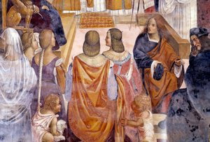 Benedikt exkommuniziert zwei Nonnen und absolviert sie nach ihrem Tod (Detail). Kreuzgangfresko von Antonio Bazzi, genannt Il Sodoma (1477 - 1549), das das Leben des Heiligen Benedikt von Nursia (480 - 567), Gründer des Benediktinerordens, erzählt. 1503 - 