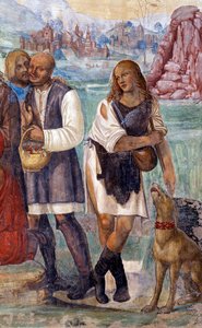 Wie Benedikt die heilige Lehre den Bauern lehrt, die ihn besuchen (Detail) Fresko des Kreuzgangs, realisiert von Antonio Bazzi genannt il Sodoma (1477 - 1549), das das Leben von Benedikt von Nursia (480 - 567) Gründer des Benediktinerordens erzählt von Giovanni Antonio Bazzi Sodoma