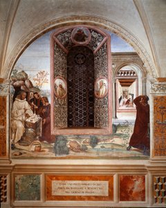 Wie ein Priester Benedikt zu Ostern Essen brachte - Fresko des Kreuzgangs von Antonio Bazzi genannt il Sodoma (1477 - 1549), das das Leben von St. Benedikt von Nursia (480 - 567) erzählt, Gründer des Benediktinerordens 1503 - 1508, Abtei von Monte Oliveto 