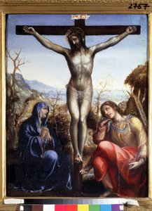 Die Kreuzigung mit der Jungfrau und Johannes dem Täufer. Inschrift "I.N.R.I." auf dem Kreuz. Gemälde von Sodoma (oder Giovanni Antonio Bazzi) von Giovanni Antonio Bazzi Sodoma