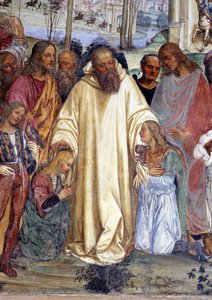 Wie Benedikt die beiden jungen Römer Maurus und Placid empfängt (Detail) Fresko des Kreuzgangs, realisiert von Antonio Bazzi genannt il Sodoma (1477 - 1549), das das Leben von Benedikt von Nursia (480 - 567) Gründer des Benediktinerordens erzählt