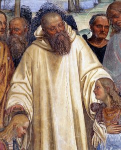 Wie Benedikt die beiden jungen Römer Maurus und Placid empfängt (Detail) Fresko des Kreuzgangs, realisiert von Antonio Bazzi genannt il Sodoma (1477 - 1549), das das Leben von Benedikt von Nursia (480 - 567) Gründer des Benediktinerordens erzählt von Giovanni Antonio Bazzi Sodoma