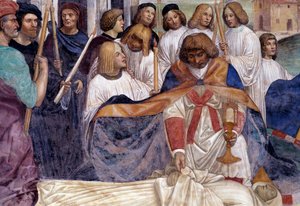 Der heilige Benedikt trägt den Leichnam Christi auf dem Körper des Mönchs, den die Erde nicht begraben will (Detail)