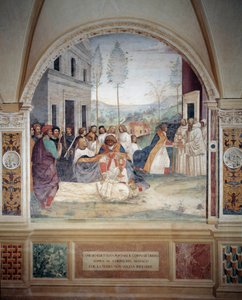 St. Benedikt trägt den Leib Christi auf dem Körper des Mönchs, den die Erde nicht begraben will, Fresko des Kreuzgangs von Antonio Bazzi genannt il Sodoma (1477 - 1549), das das Leben von St. Benedikt von Nursia (480 - 567) erzählt, Gründer des Benediktine