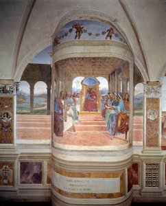 St. Benedikt verlässt die Schule von Rom, Fresko des Kreuzgangs von Antonio Bazzi genannt il Sodoma (1477 - 1549), das das Leben von St. Benedikt von Nursia (480 - 567) erzählt, Gründer des Benediktinerordens 1503 - 1508, Abtei von Monte Oliveto Maggiore von Giovanni Antonio Bazzi Sodoma