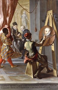 Fabio Albergati wird von Philipp II. von Spanien empfangen, während ein Künstler heimlich sein Porträt auf Anweisung des Königs anfertigt