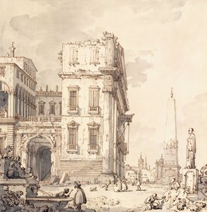Ein Capriccio eines venezianischen Palastes mit Blick auf eine Piazza mit einem Obelisken