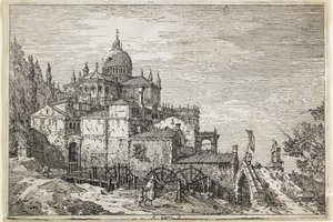 Landschaft mit Kirche, Häusern und Mühle