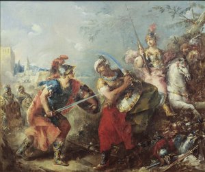 Der Kampf zwischen Tancred und Argante mit Clorinda im Hintergrund