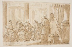 Eine Gruppe von fünf Geistlichen spricht mit einem Laien von Giovanni Antonio Pellegrini