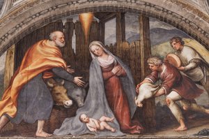 Lunette, die die Anbetung der Hirten darstellt