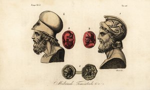 Büsten und Edelsteine der athenischen Politiker Miltiades der Jüngere 1,2, Themistokles 3,4, und König Pyrrhus I 5 von Giovanni Antonio Sasso