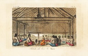 König Polaho trinkt Kava in einem Langhaus, Tonga (Freundliche Inseln). Handkolorierter Kupferstich von Sasso nach John Webber aus Giulio Ferrarios Alte und moderne Kostüme aller Völker der Welt, Florenz, Italien von Giovanni Antonio Sasso