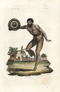 Nackter tätowierter Mann von Hawaii (Sandwich-Inseln) tanzt für Kapitän James Cook von Giovanni Antonio Sasso