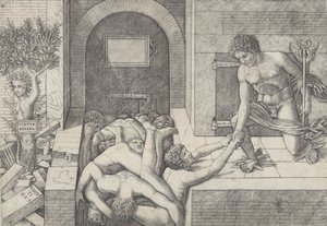 Unwissenheit und Merkur, eine Allegorie von Tugend und Laster, Merkur kniet rechts, ca. 1490-1525