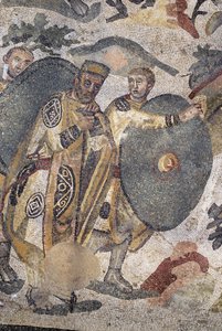 Römische Kunst: (Detail) Mosaik „Die große Jagd“. Ein Herr während der Jagd. 315-350 n. Chr. Piazza Armerina, Villa Romana del Casale. Sizilien, Italien.