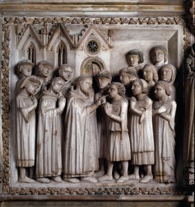 Das Wunder des Stummen (Leben des Heiligen Petrus von Verona). Detail eines Marmorreliefs von Giovanni Balduccio