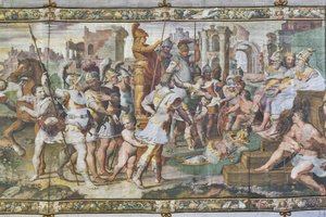 Odysseus und Ajax wetteifern um die Rüstung des Achilles vor den Gerichten, Odysseus-Saal (Detail) von Giovanni Battista Castello