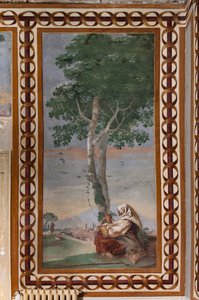 Gästeunterkünfte, Raum der ländlichen Szenen: "Landschaft mit einem sitzenden Bauern" von Giovanni Battista Tiepolo